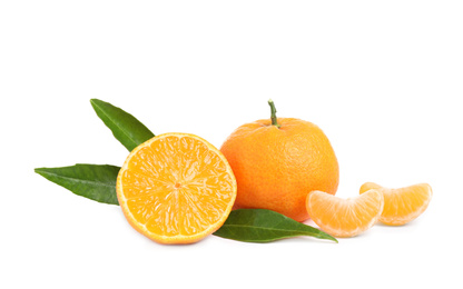 Fresh ripe tangerines with leaves isolated on white. Citrus fruit