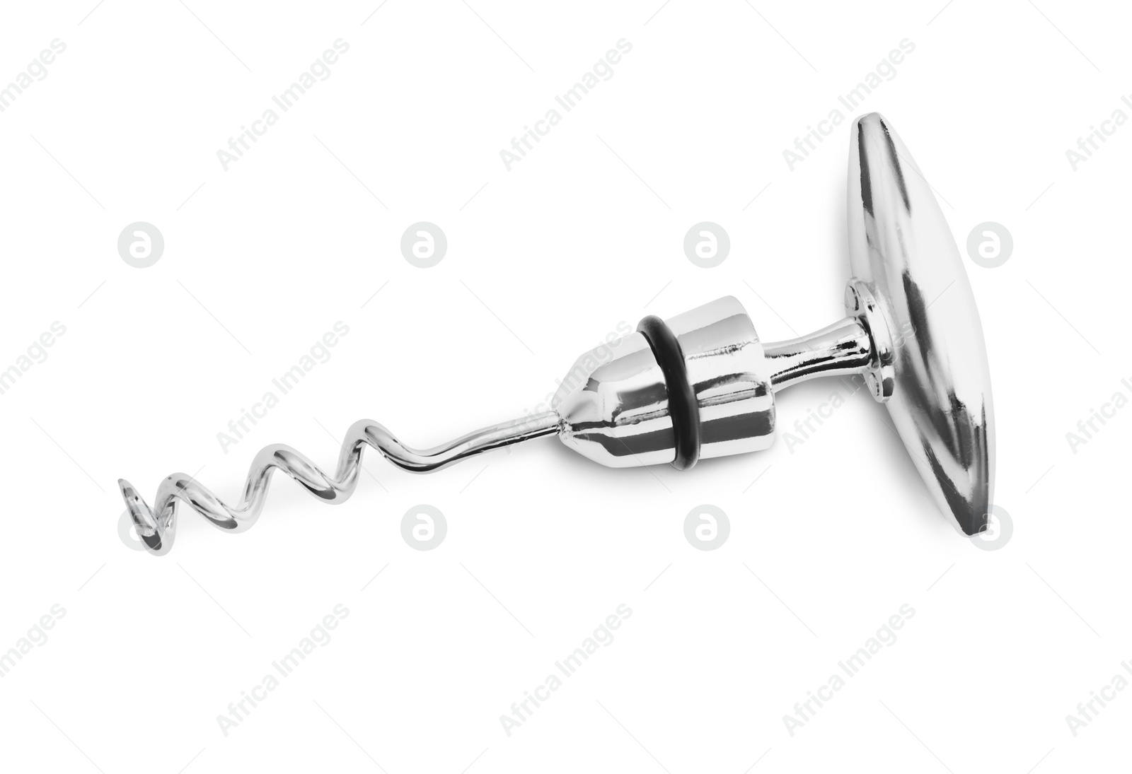 Photo of One metal corkscrew isolated on white, top view