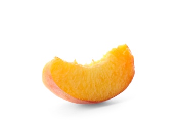 Photo of Slice of fresh sweet peach on white background