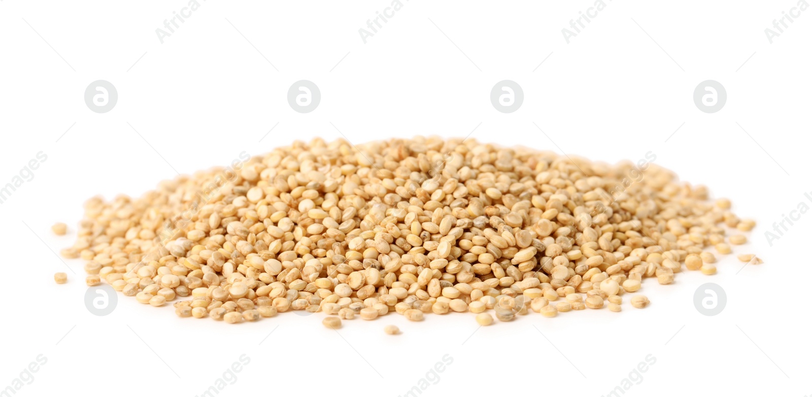 Photo of Pile of raw quinoa seeds on white background. Vegetable planting