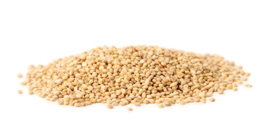 Pile of raw quinoa seeds on white background. Vegetable planting