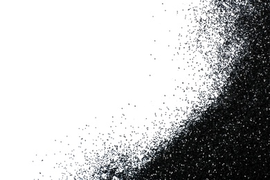 Photo of Shiny black glitter on white background, top view with space for text