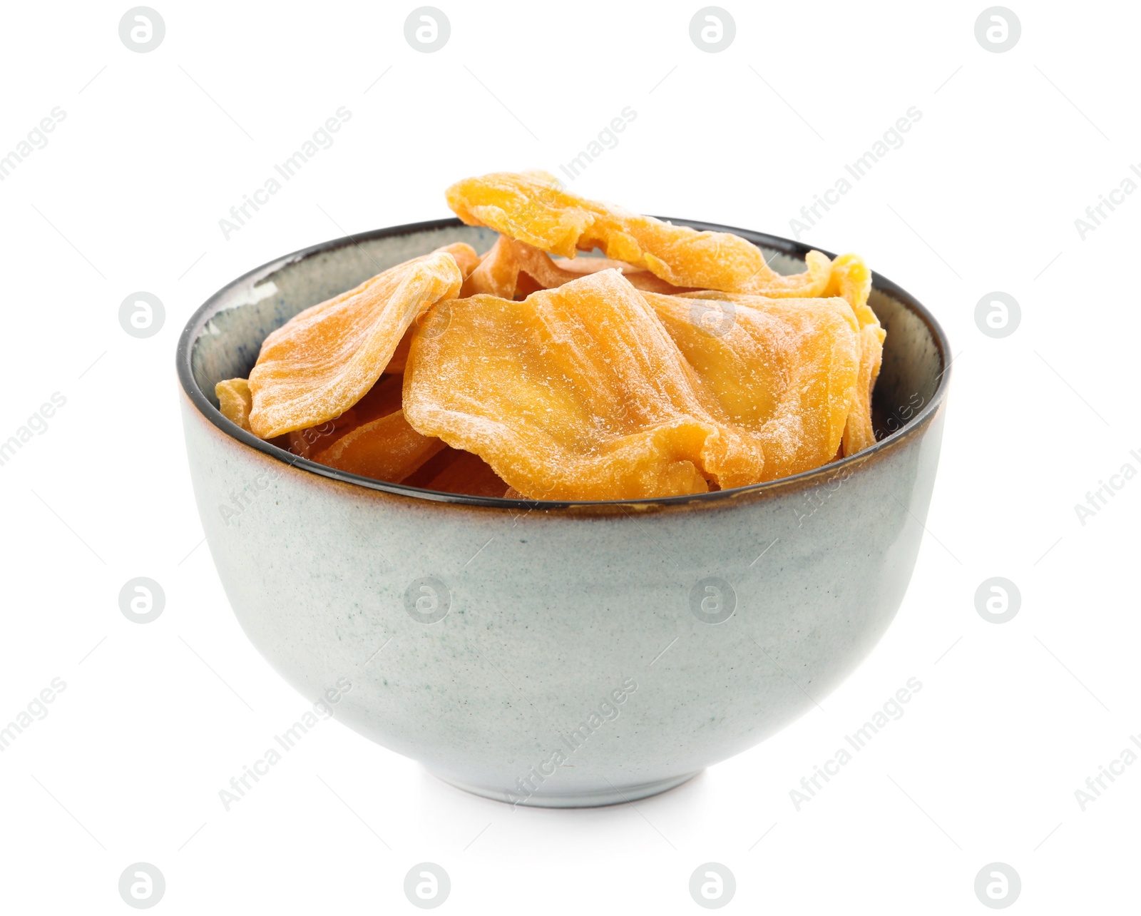 Photo of Sweet dried jackfruit slices in bowl on white background