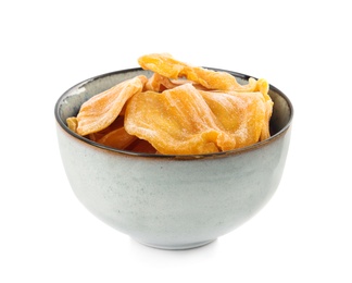 Sweet dried jackfruit slices in bowl on white background