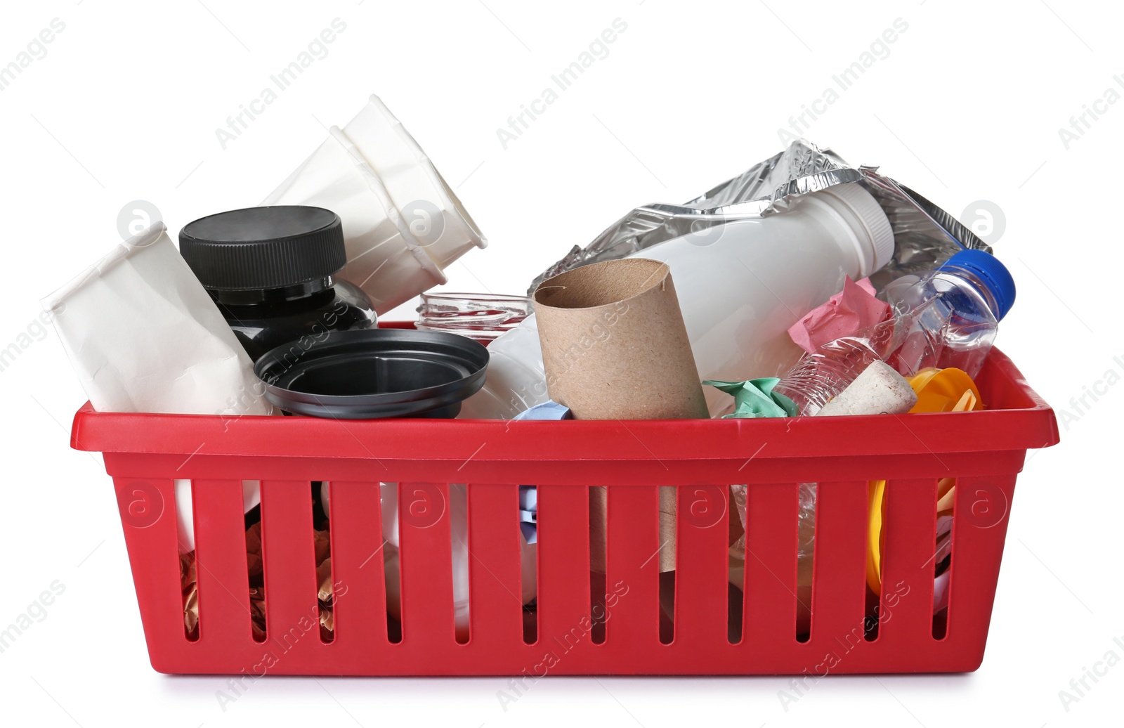 Photo of Crate with different garbage on white background. Trash recycling