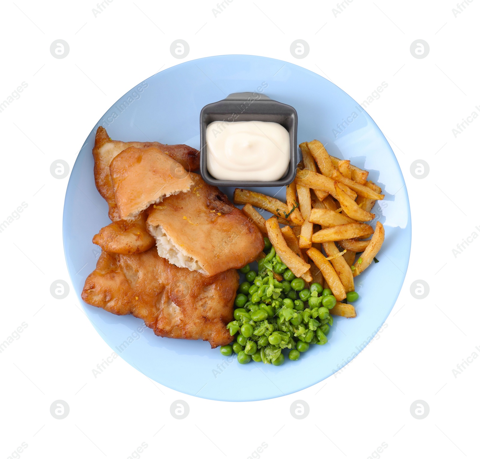 Photo of Tasty fish, chips, sauce and peas isolated on white, top view