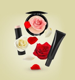 Different makeup products and beautiful roses in air on light yellow background