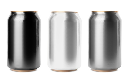Image of Set with aluminium drink cans in different colors on white background