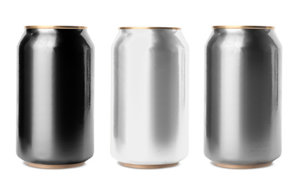 Set with aluminium drink cans in different colors on white background