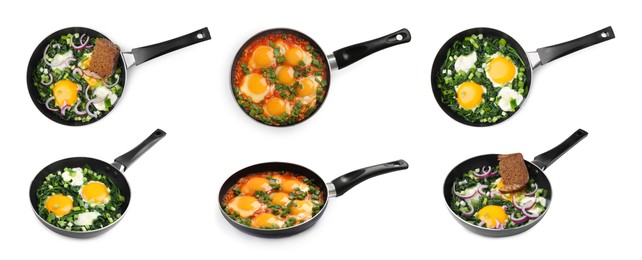 Image of Delicious shakshuka in frying pans isolated on white, set with top and side views