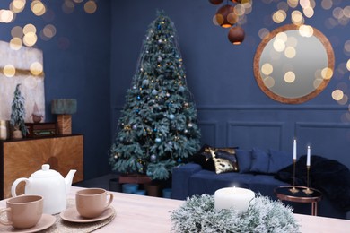 Living room interior with Christmas tree and festive decor