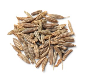 Heap of aromatic caraway (Persian cumin) seeds isolated on white, top view