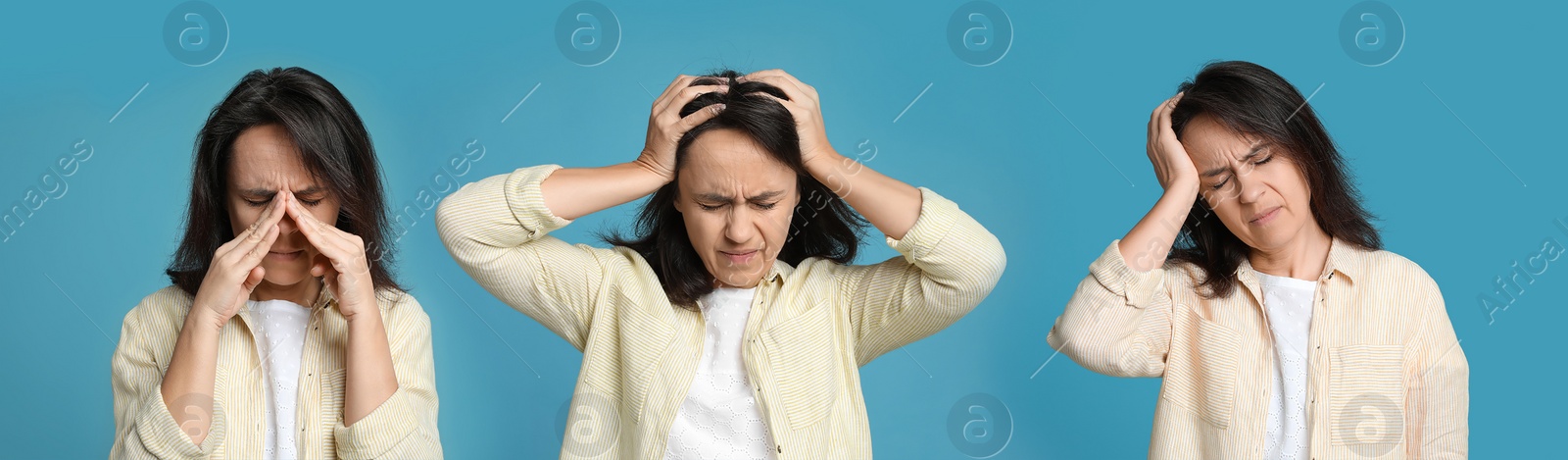 Image of Collage with photos of mature woman suffering from headache on light blue background. Banner design