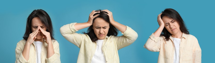 Collage with photos of mature woman suffering from headache on light blue background. Banner design