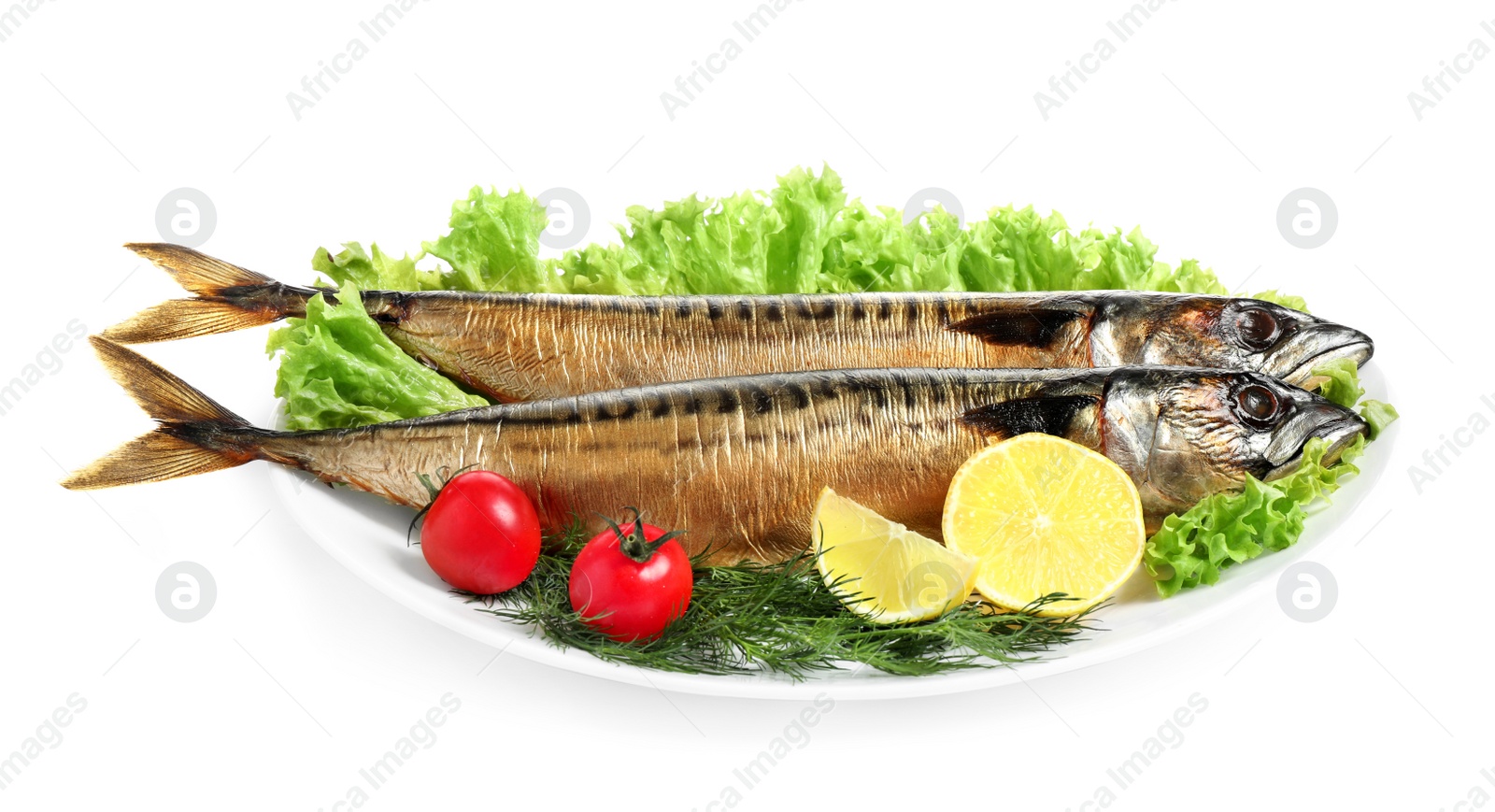 Photo of Plate with tasty smoked fish isolated on white