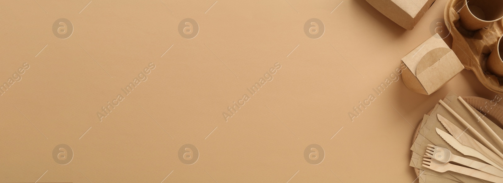 Image of Eco friendly products on beige background, flat lay with space for text. Banner design