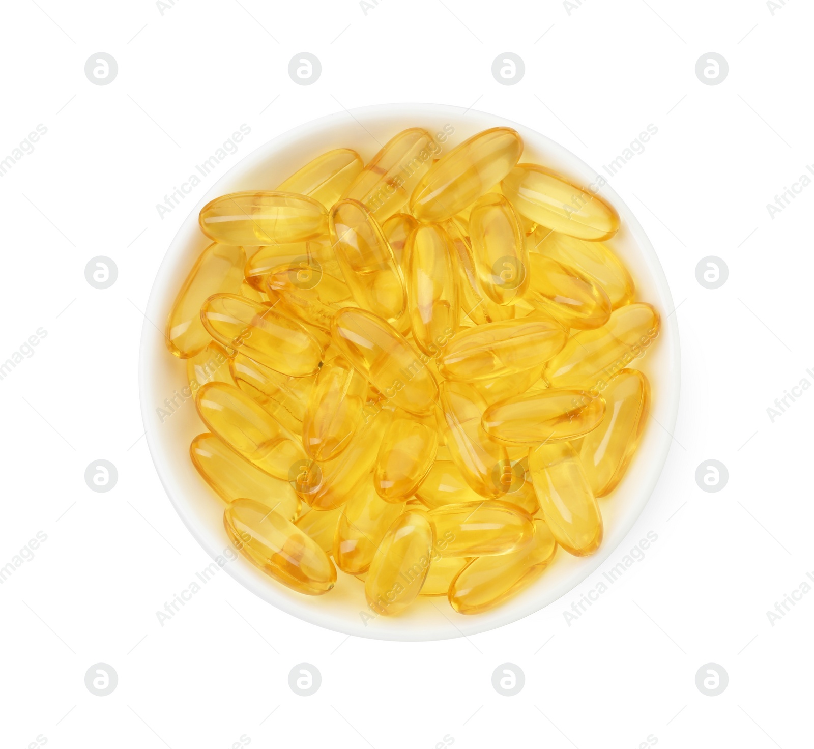 Photo of Vitamin capsules in bowl isolated on white, top view. Health supplement