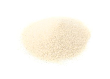 Photo of Pile of uncooked organic semolina isolated on white