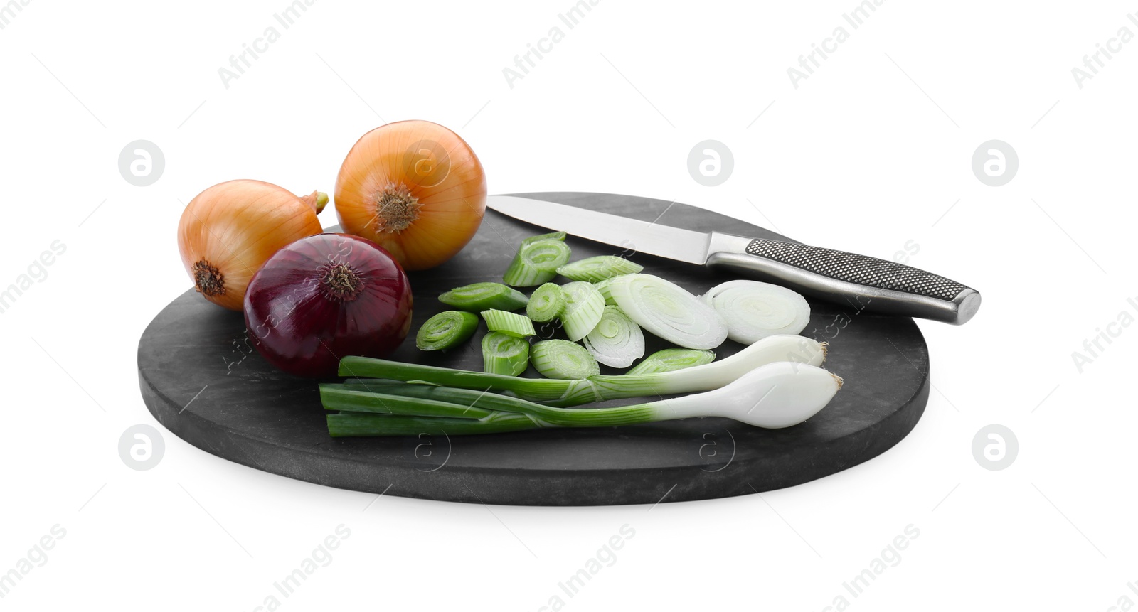 Photo of Board with different kinds of onions and knife isolated on white