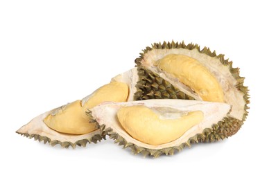 Photo of Fresh ripe durians on white background. Tropical fruit