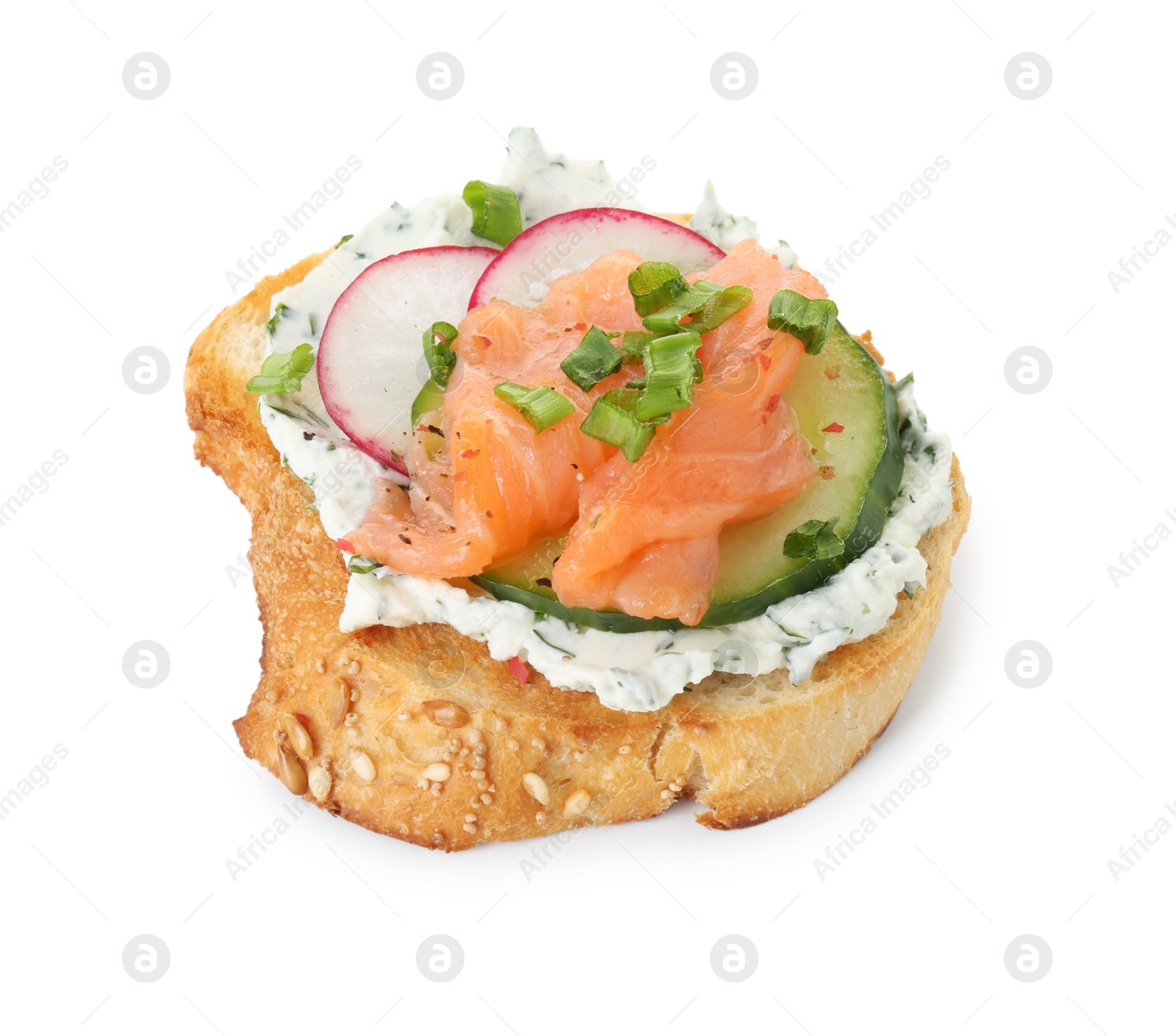 Photo of Tasty canape with salmon, cucumber, radish and cream cheese isolated on white