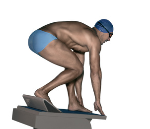 Image of Young athletic man ready to jump into swimming pool against white background