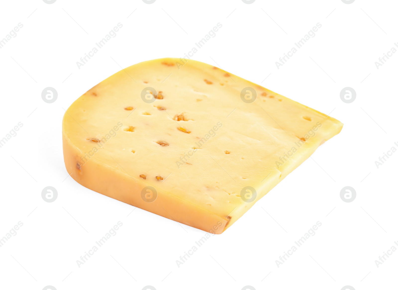 Photo of Piece of tasty cheese with fenugreek isolated on white