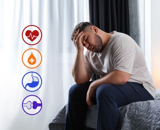 Image of Virtual icons demonstrating different health problems and overweight man on bed at home