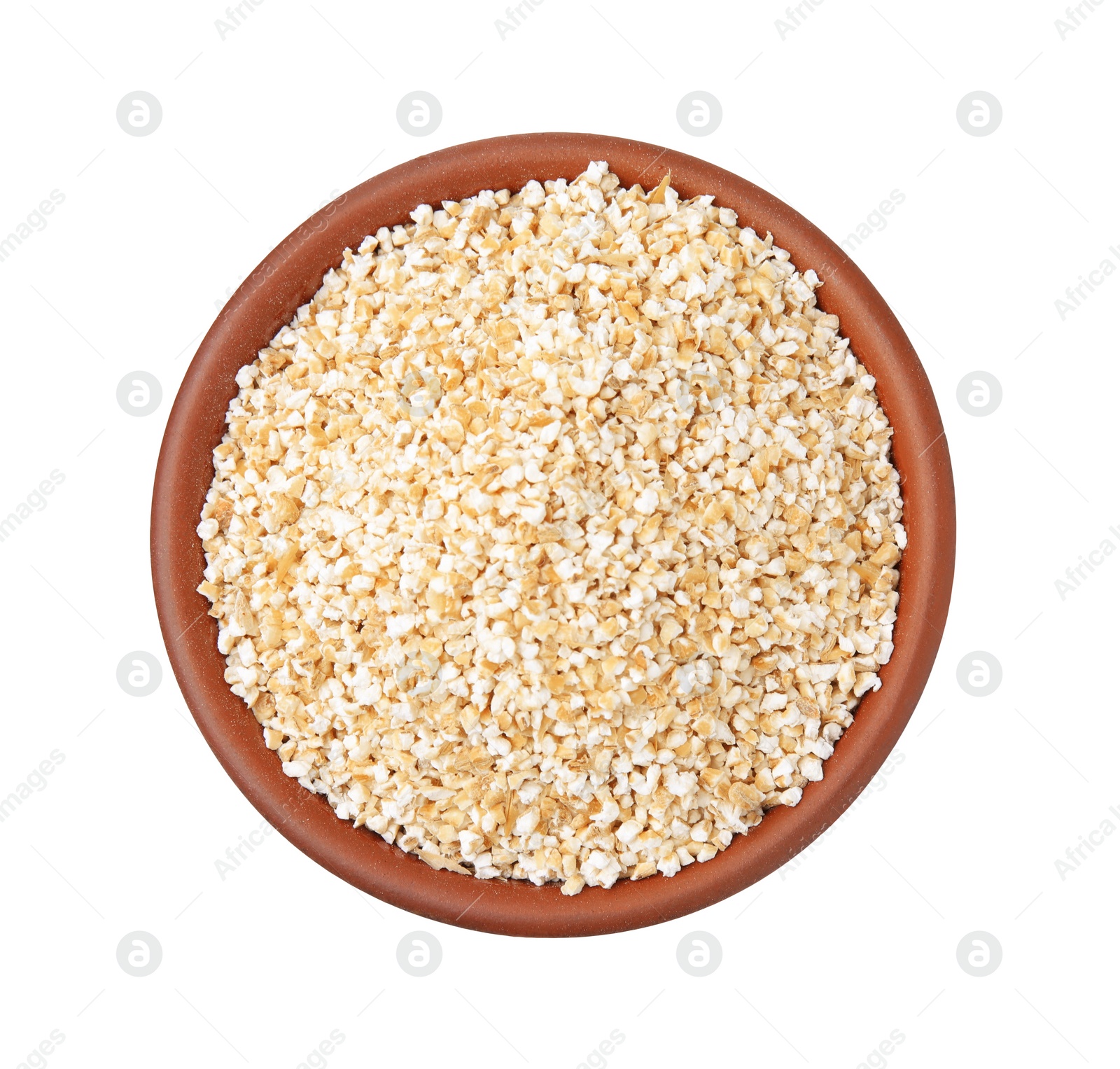 Photo of Dry barley groats in bowl isolated on white, top view