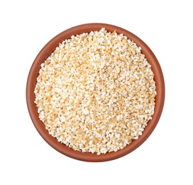 Dry barley groats in bowl isolated on white, top view