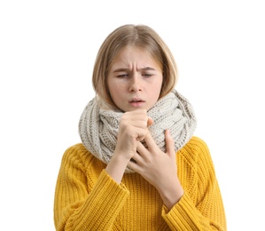 Photo of Teenage girl suffering from cough isolated on white