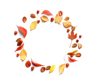 Flat lay composition with autumn leaves and space for text on white background