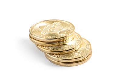 Stack of bitcoins isolated on white. Digital currency