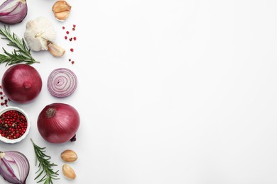 Photo of Fresh red onions, garlic, rosemary and spices on white background, flat lay. Space for text