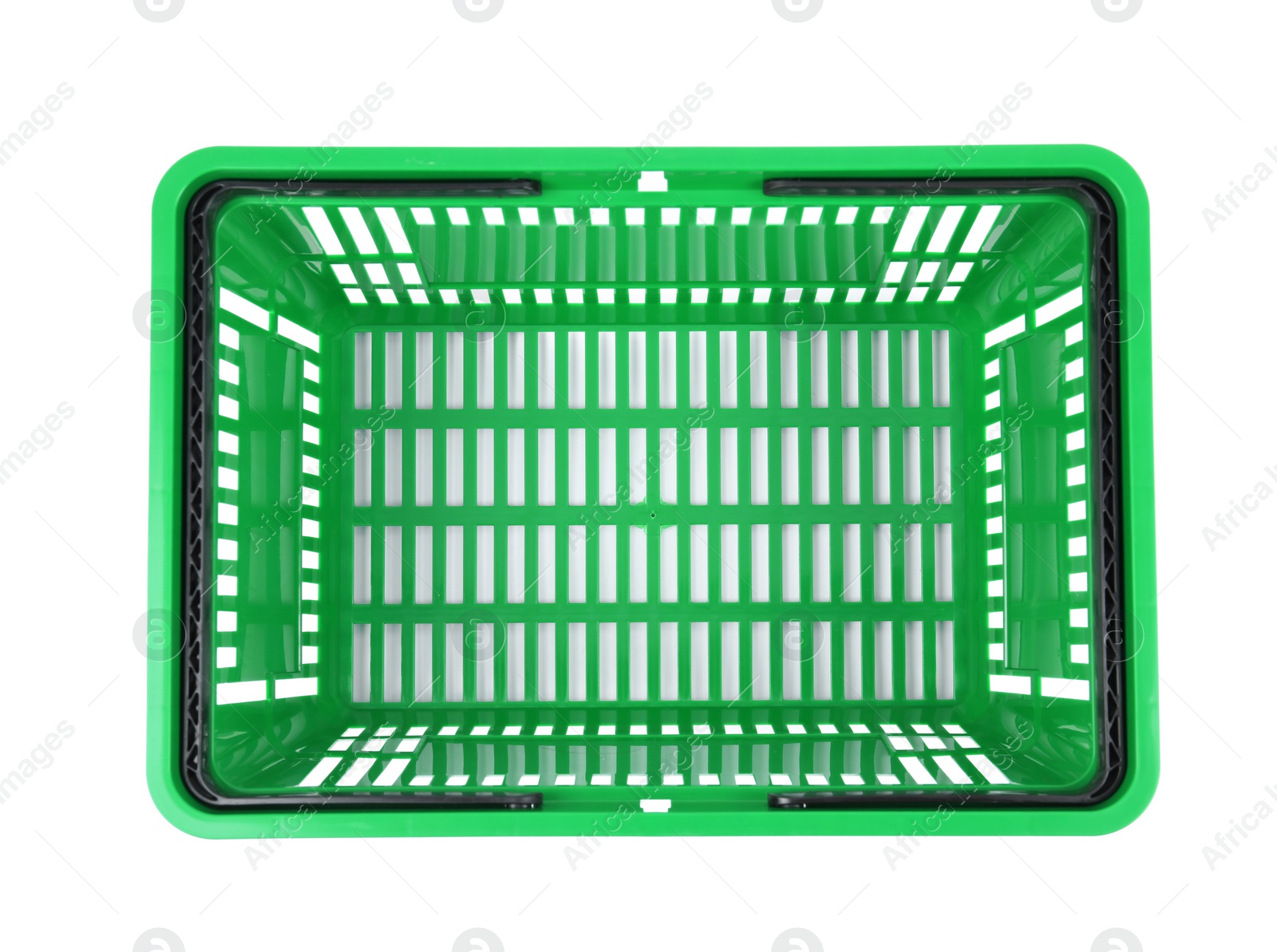 Photo of Plastic shopping basket on white background, top view