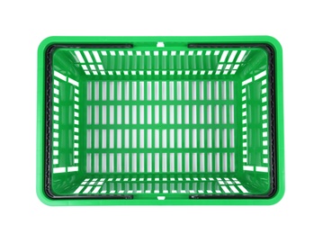 Photo of Plastic shopping basket on white background, top view