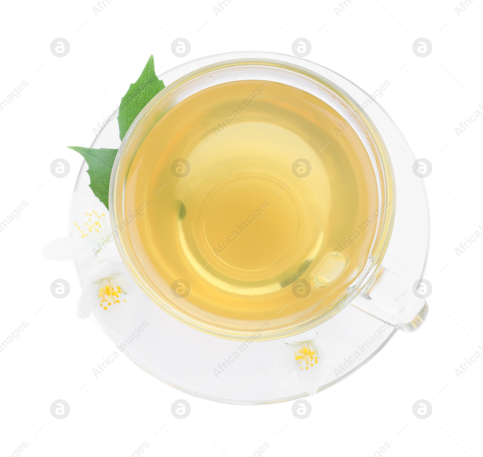 Photo of Cup of tea and fresh jasmine flowers isolated on white, top view