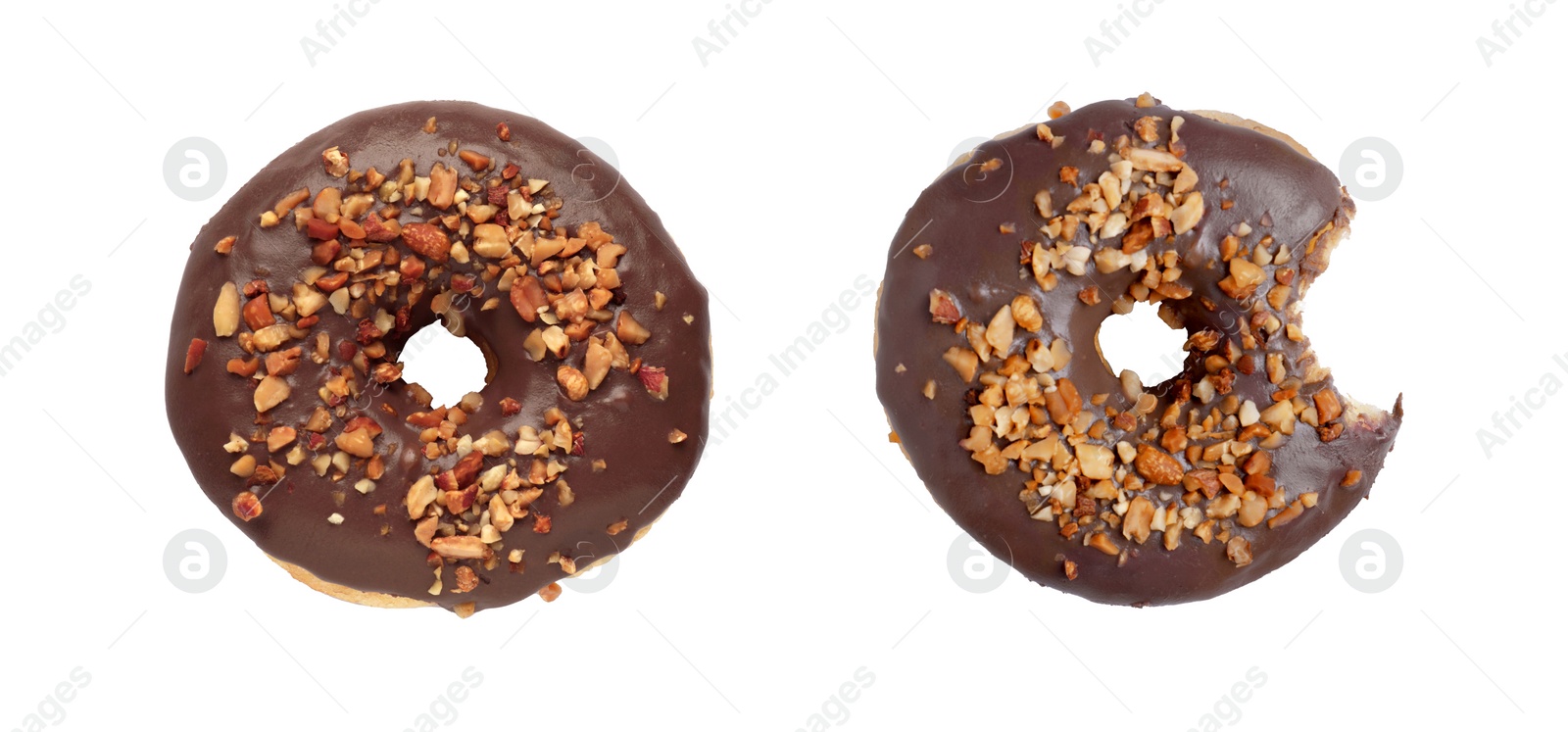 Image of Whole and bitten tasty donuts with sprinkles isolated on white