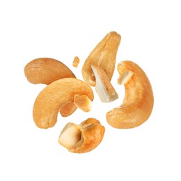 Image of Tasty cashew nuts flying on white background