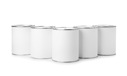 Photo of Paint cans on white background. Mockup for design