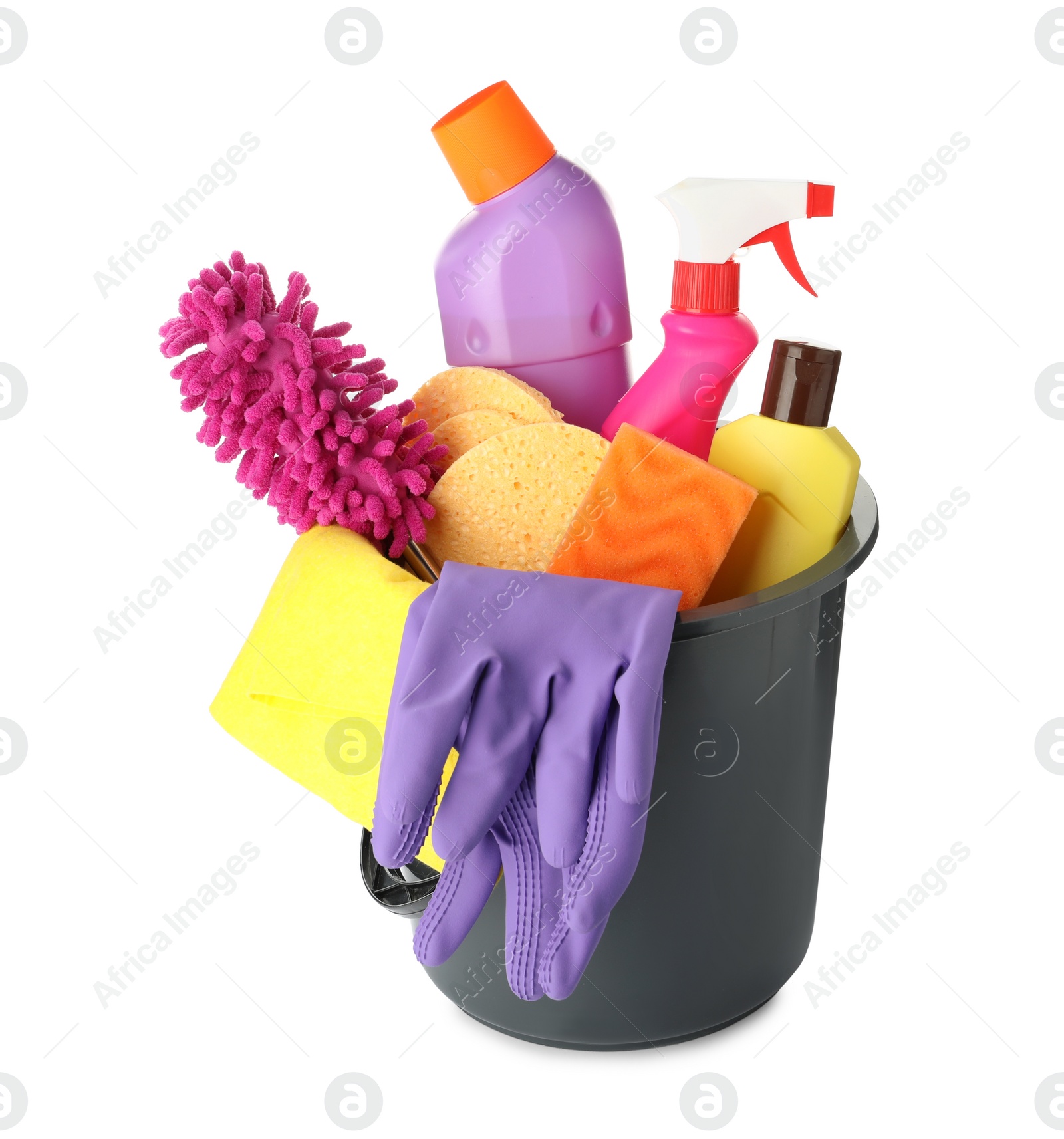 Photo of Black plastic bucket with different cleaning products isolated on white