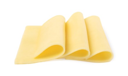 Photo of Slices of tasty fresh cheese isolated on white