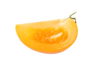 Photo of Piece of ripe yellow tomato isolated on white