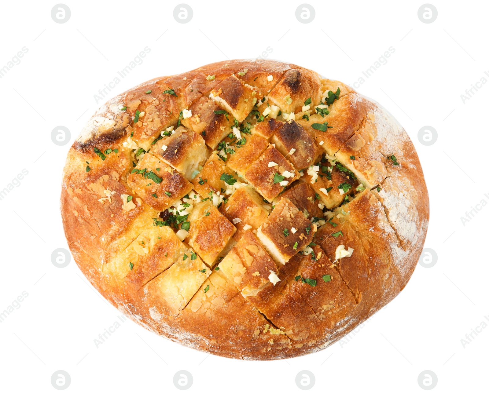 Photo of Tasty homemade garlic bread with herbs isolated on white