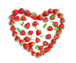 Photo of Heart shape made of ripe red strawberries on light background