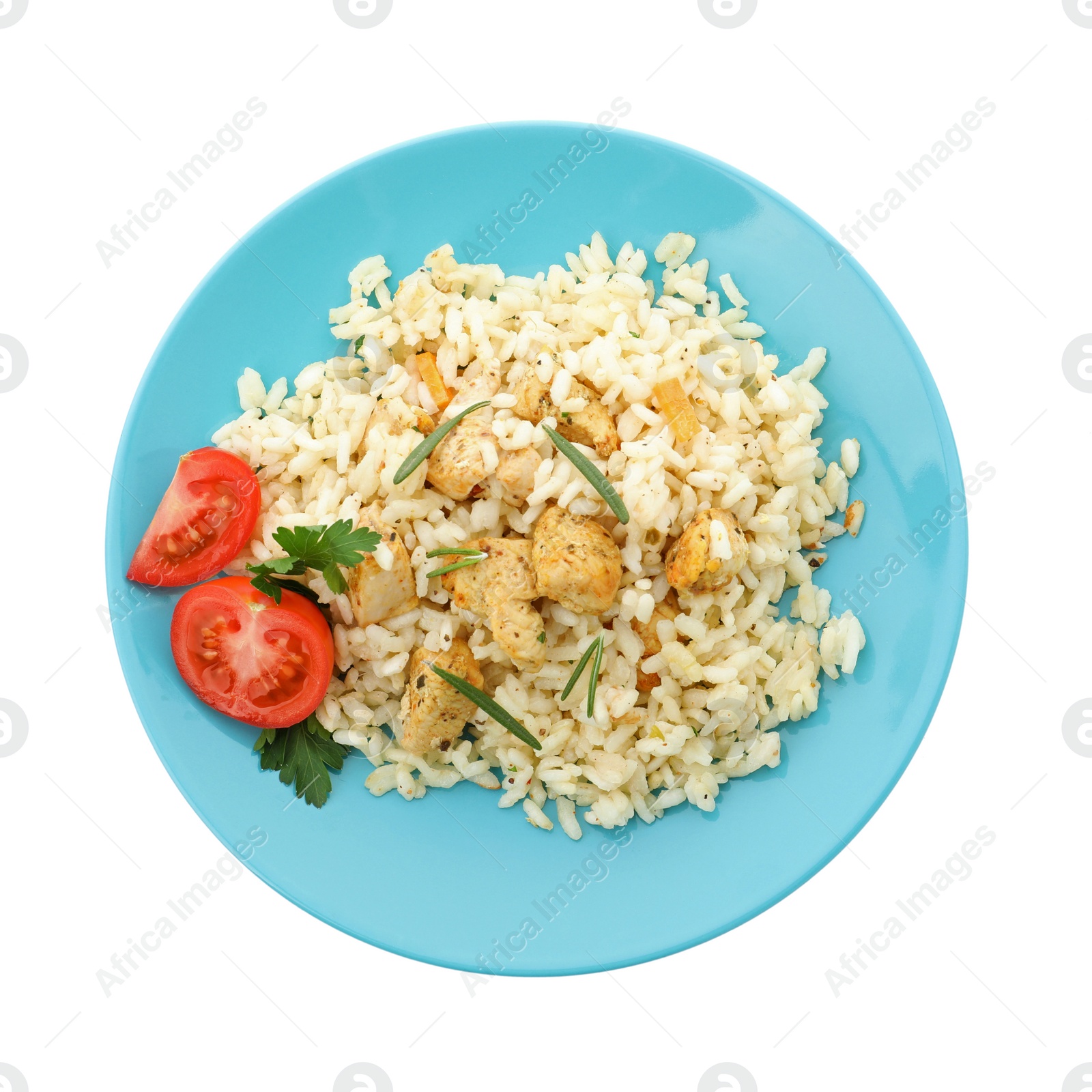 Photo of Delicious risotto with chicken isolated on white, top view