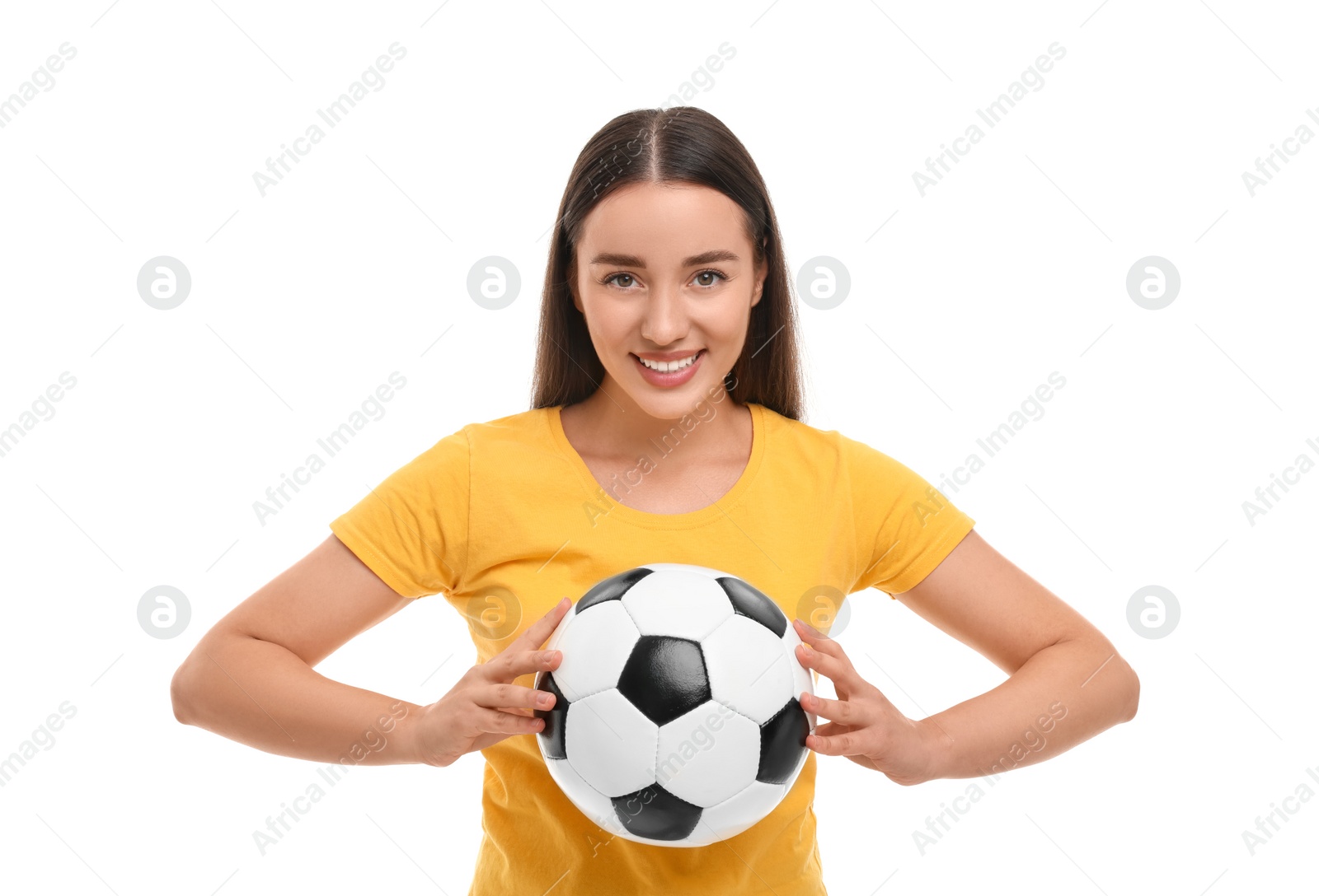 Photo of Happy fan holding soccer ball isolated on white