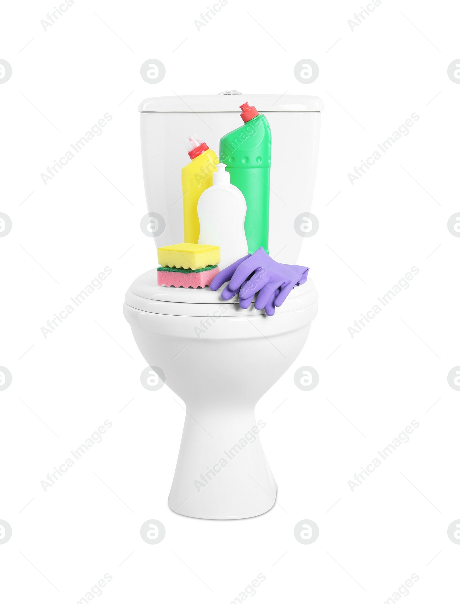 Photo of Different cleaning supplies on toilet bowl against white background