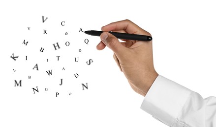 Image of Man writing letters and they flying away on white background, closeup