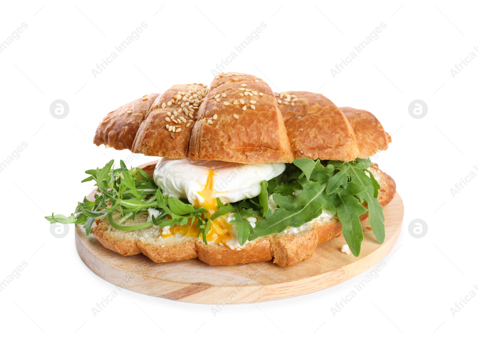 Photo of Delicious croissant with arugula and egg isolated on white